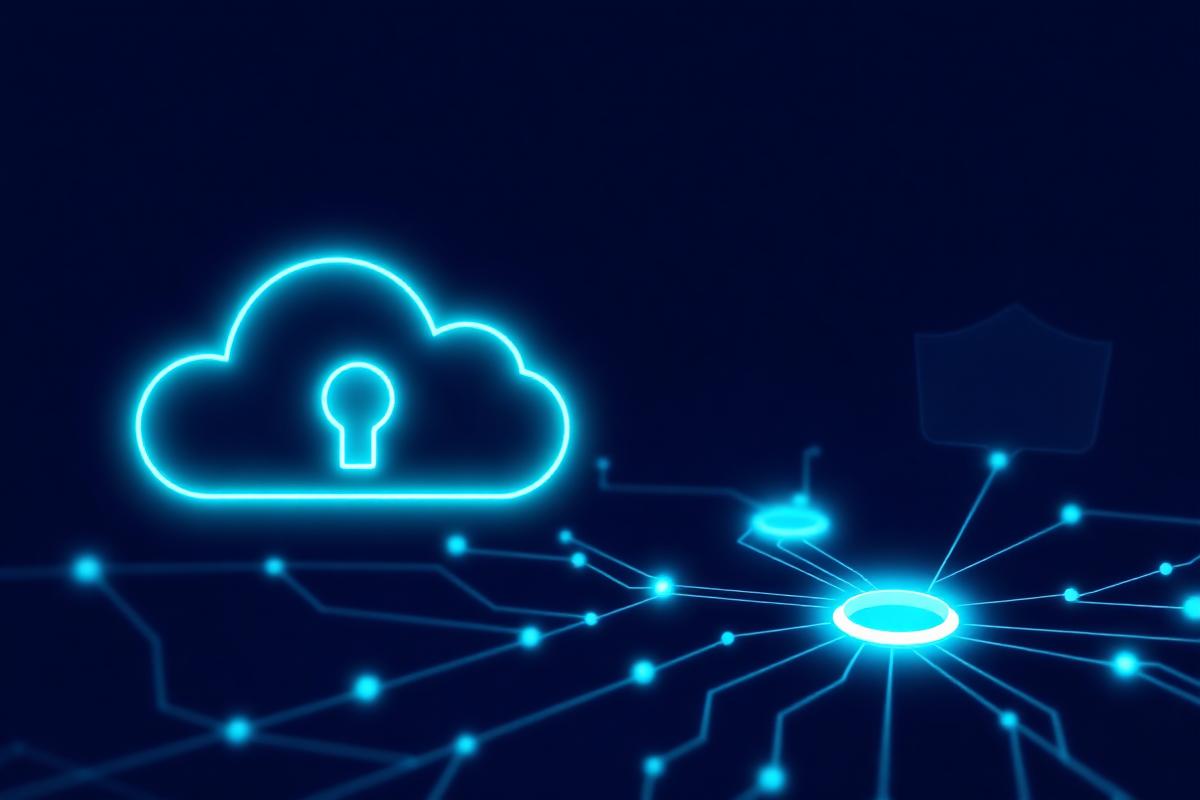 Illustration of cloud security and connected network nodes representing IT solutions